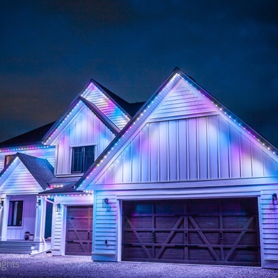 Purple, Blue and White Permanent Roofline Lighting Photo