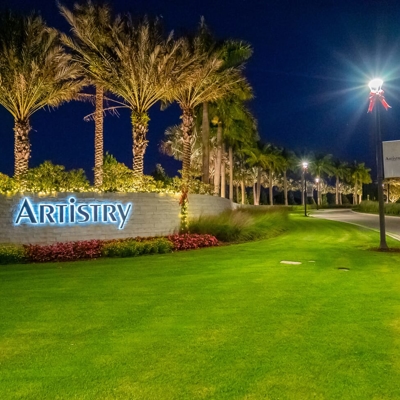 <p>Outdoor lighting for HOA entrances welcomes residents and guests after dark.</p><br />  Photo