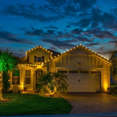 Holiday lighting makes your home festive with roofline and tree wraps for your palms! Photo