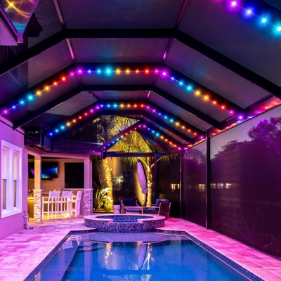 Permanent roofline lighting over your lanai can change to any color combination from an app on your  Photo