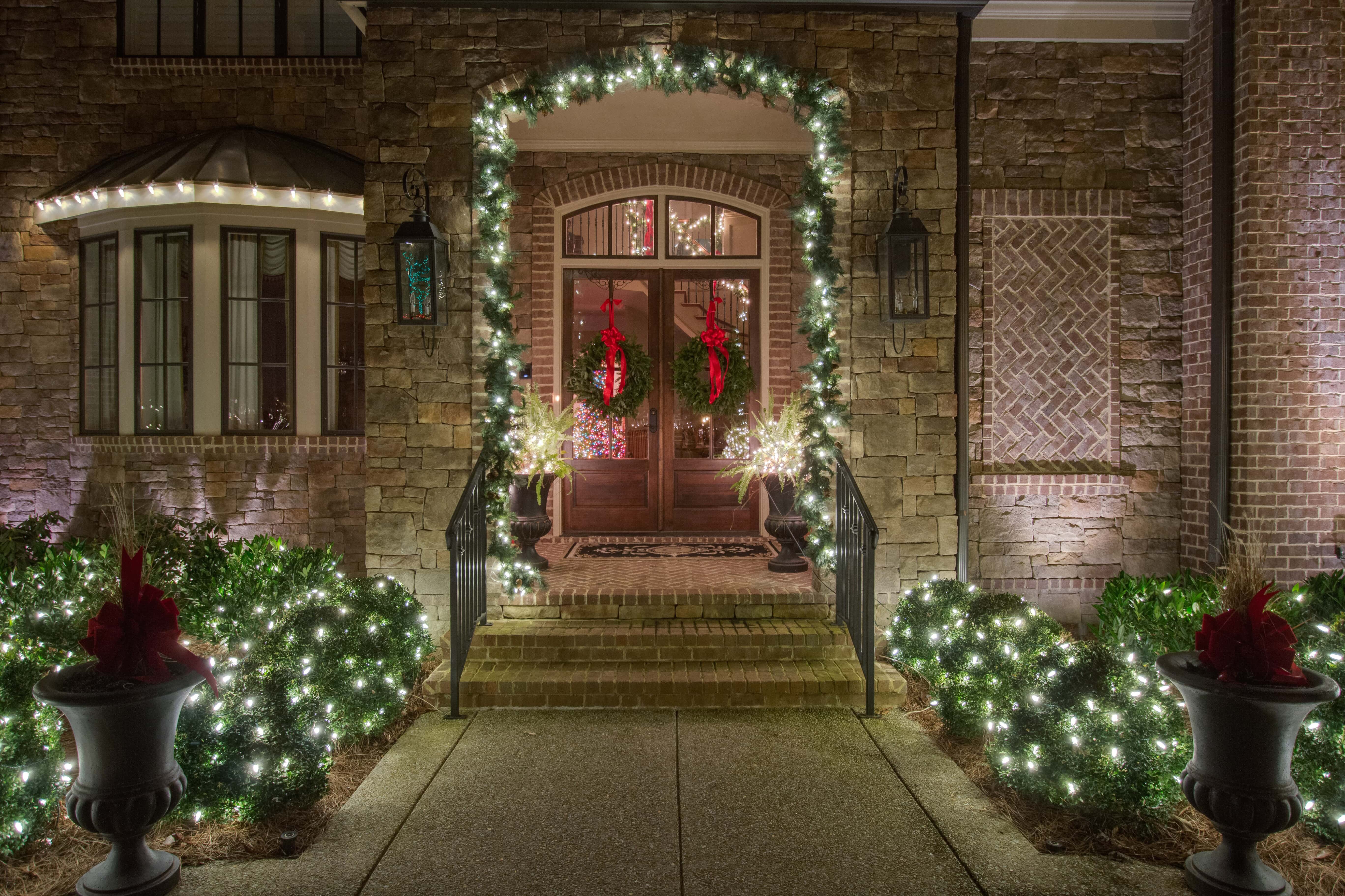 front door with Christmas lights
