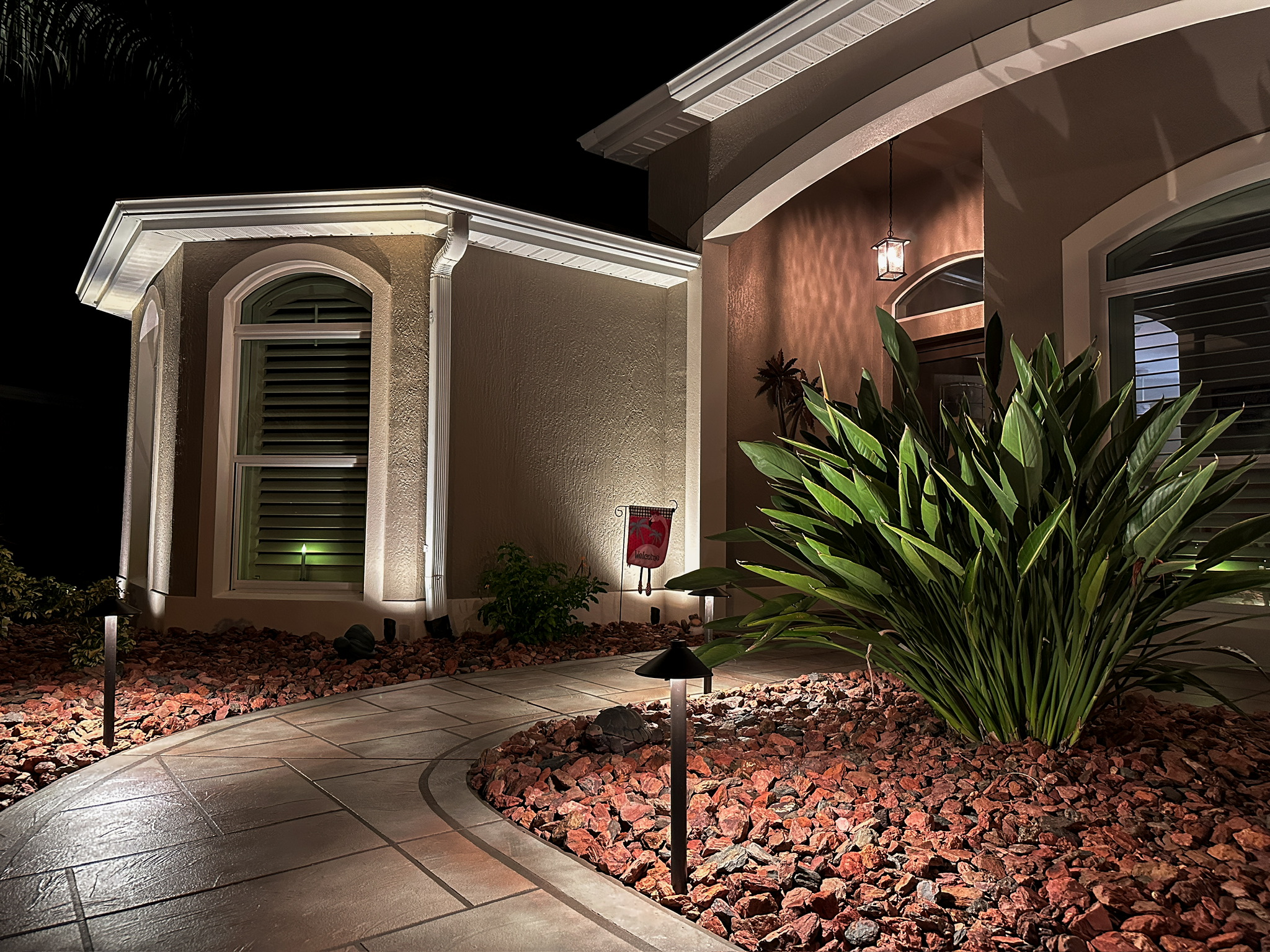 exterior of home lit up