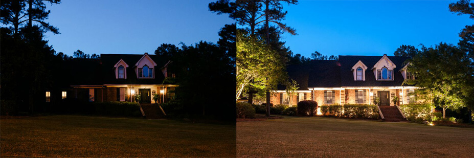 Before and after landscape lighting