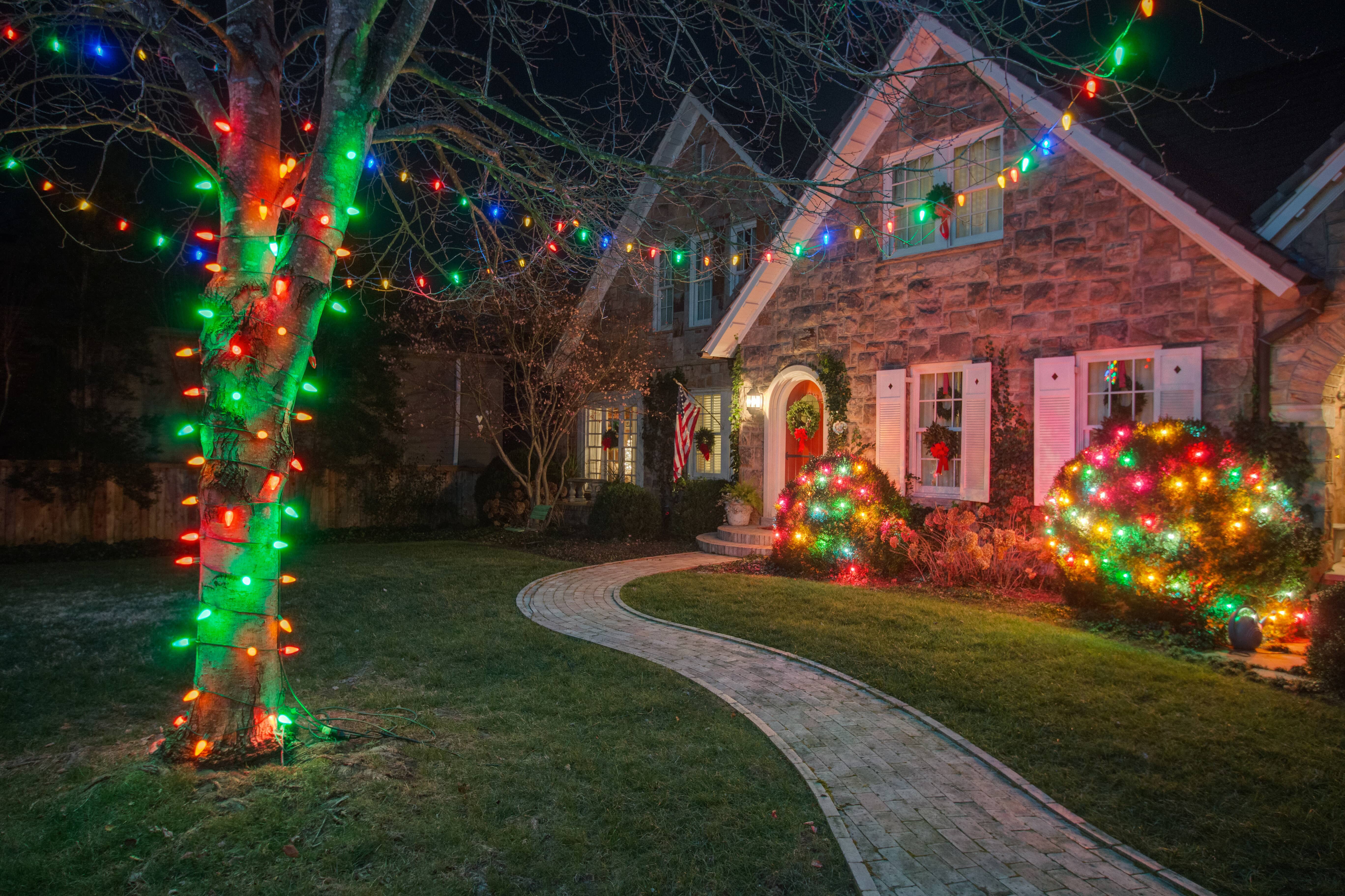 Colorful house with exterior holiday lighting
