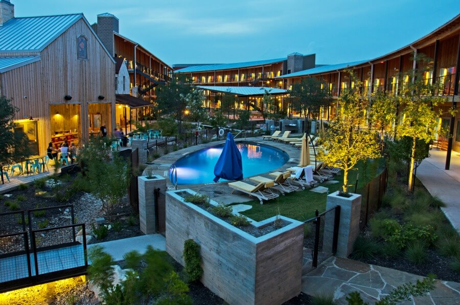Hotel courtyard with commercial lighting