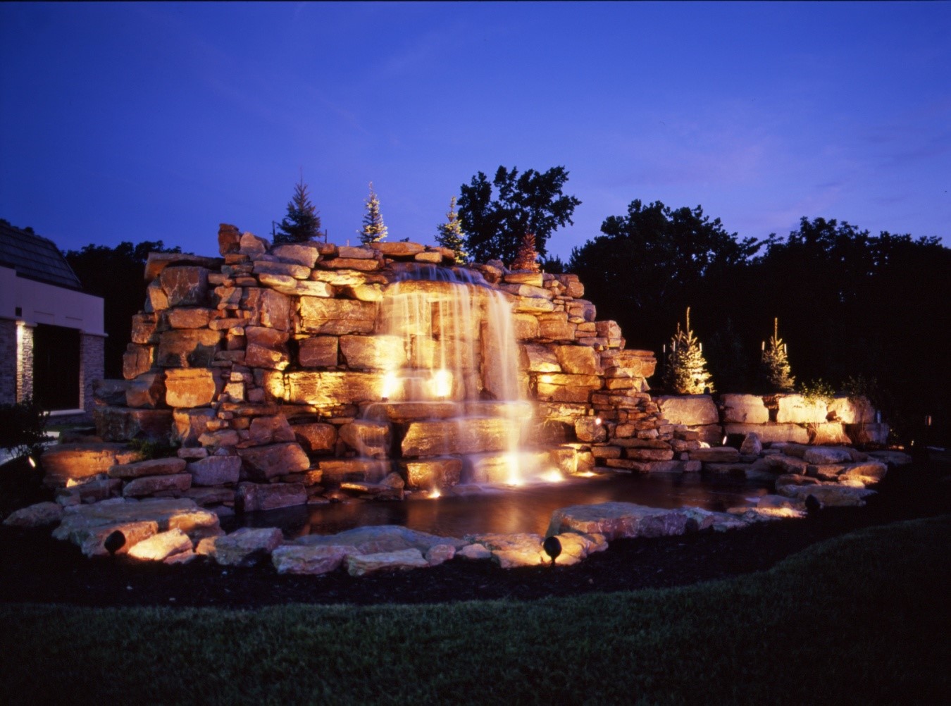 Stone water feature with lighting