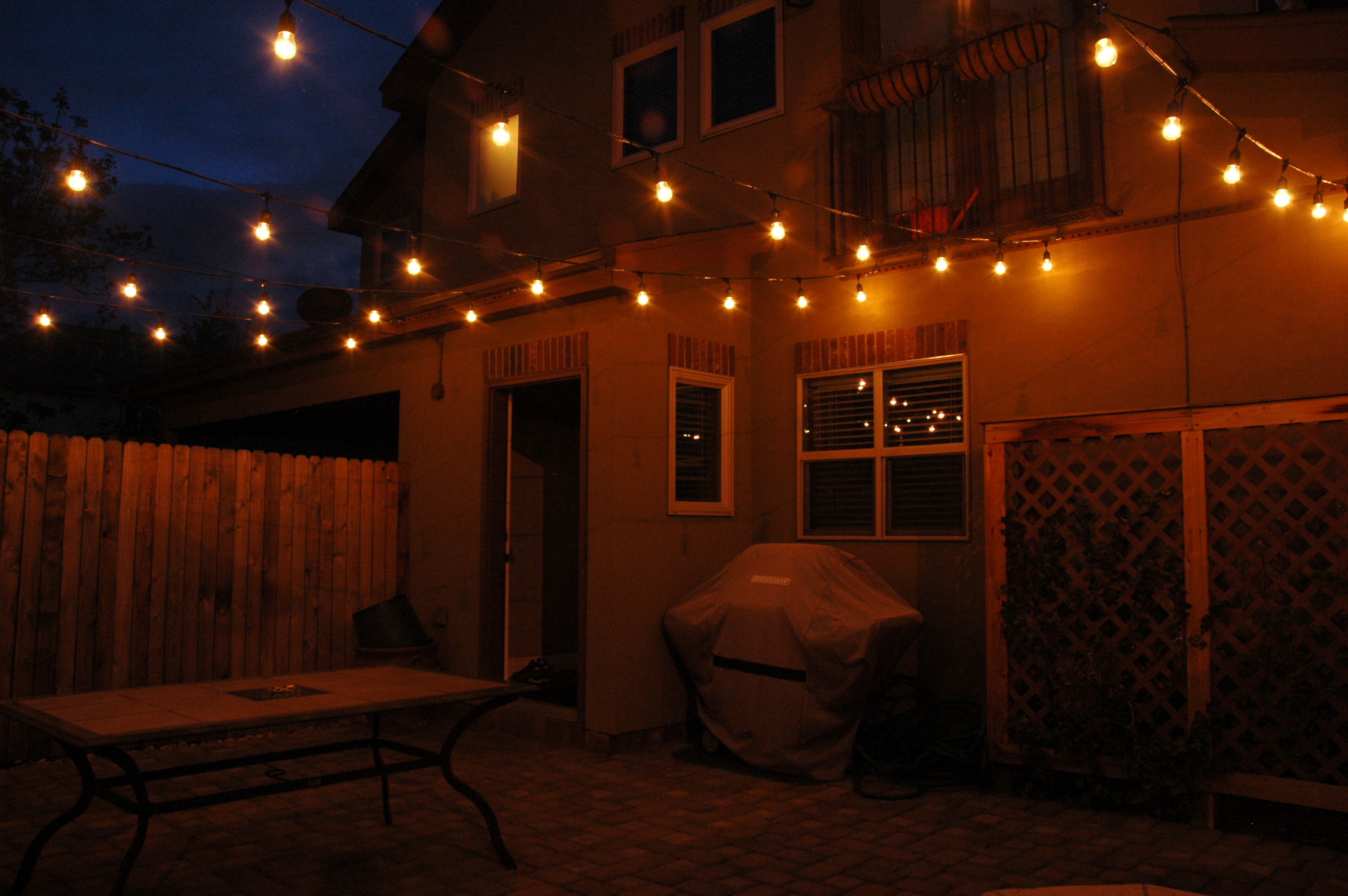 Exterior courtyard with string lighting
