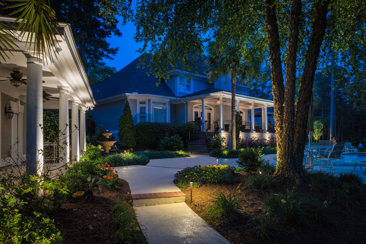 Exterior home with path lighting