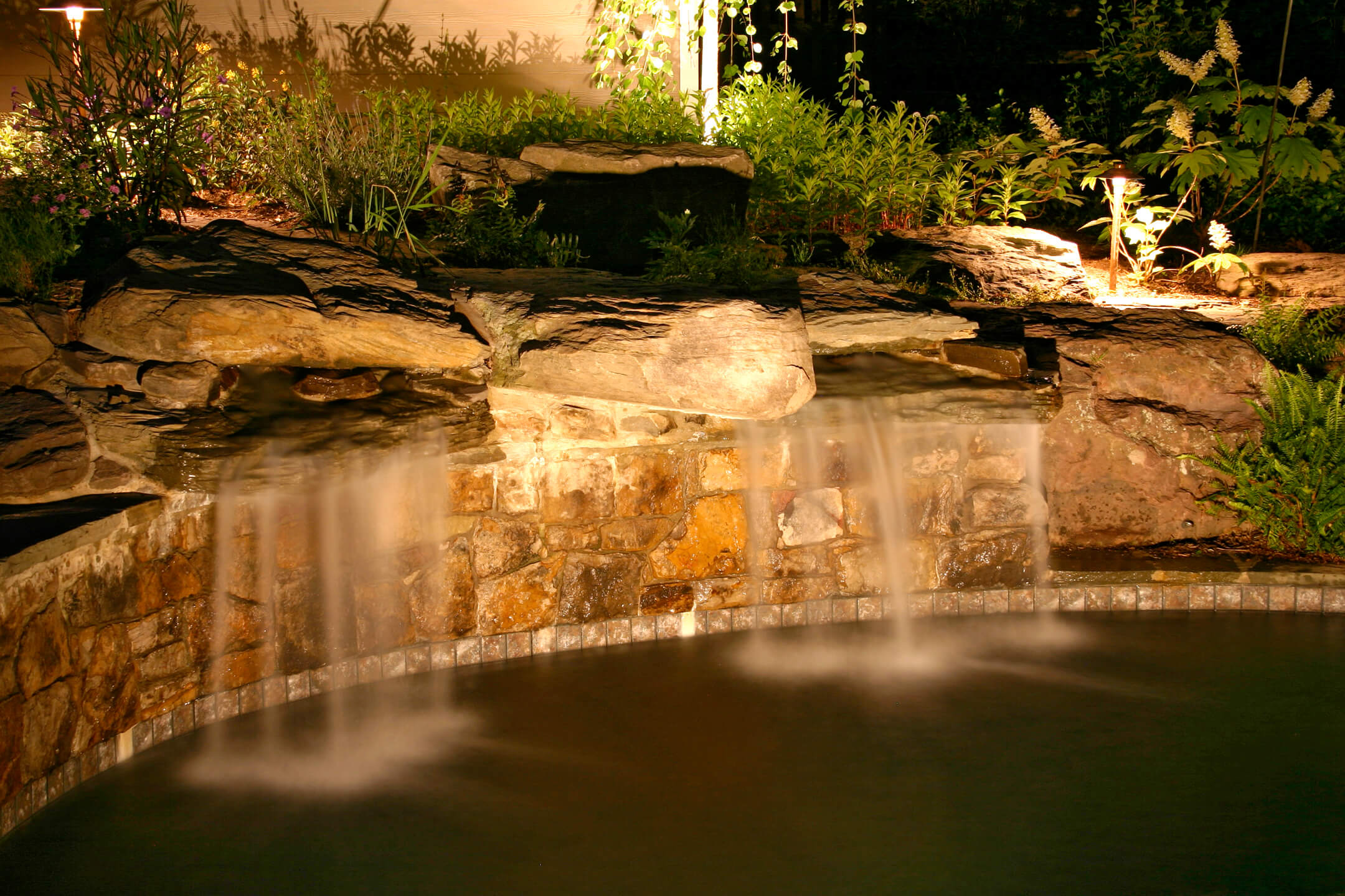 Outdoor lighting system in waterfall