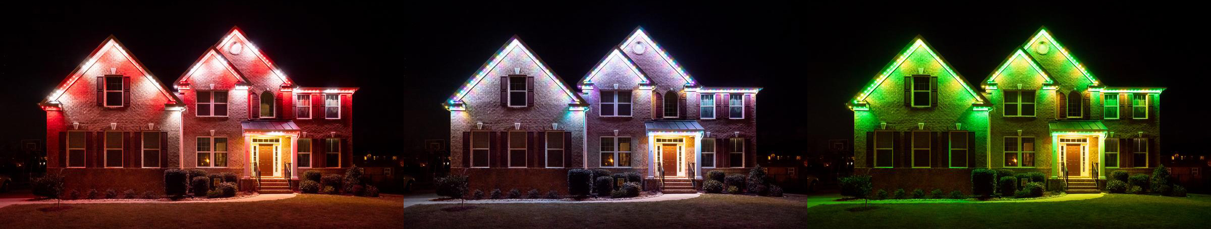 red, multicolored, and green permanent roofline lighting