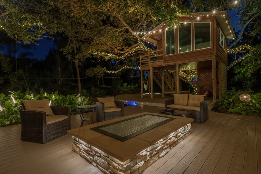 unique landscape lighting in backyard