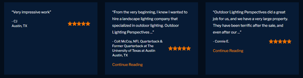 Image of three 5 star reviews for Outdoor Lighting Perspectives of Austin