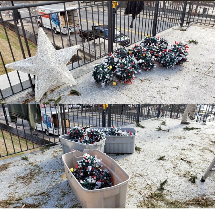 holiday decorations that have been taken down and are being organized