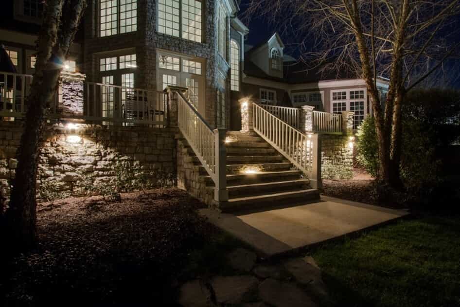 home patio at night time with illumination lighting 