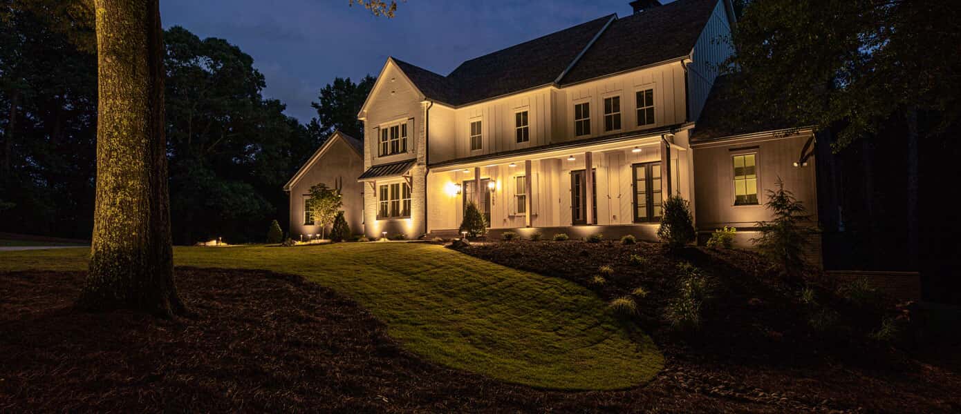 A house with lights on the front