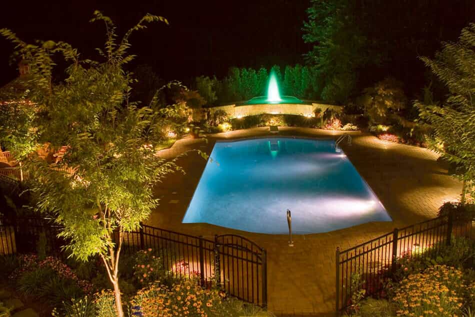 Pool and water feature with professional lighting