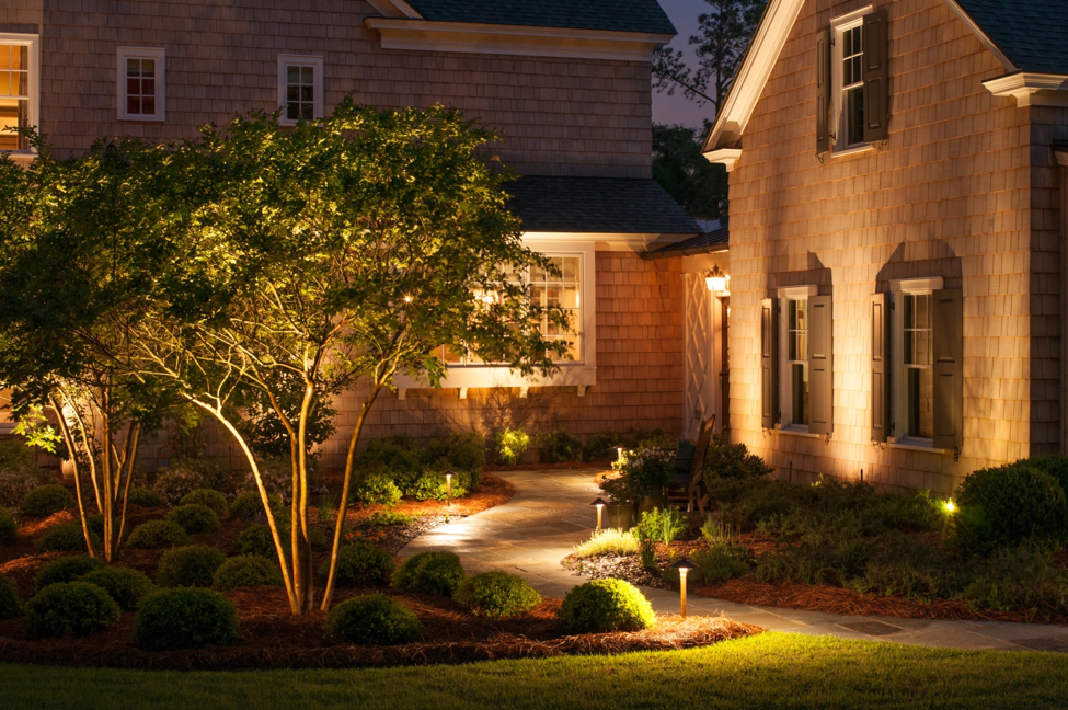 path lighting in backyard of house as well as landscape lighting 