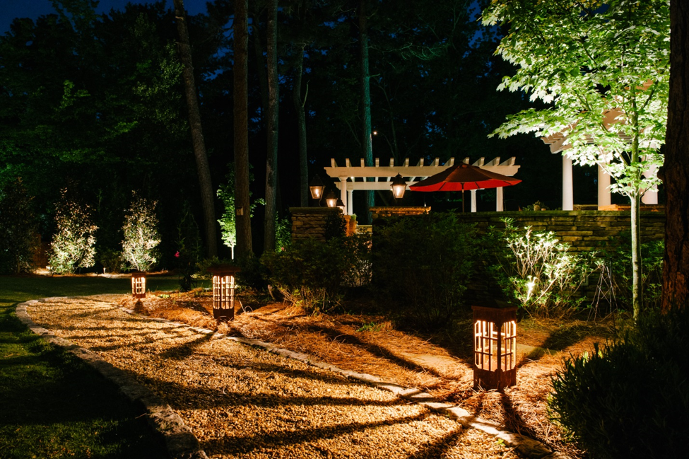 backyard path and landscape lighting