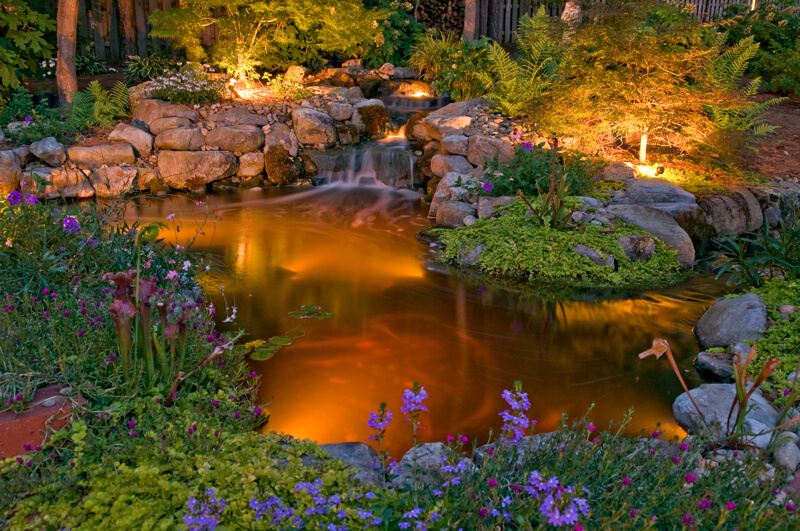 Rock-walled pond with specialty lighting