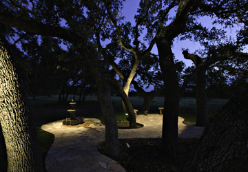 Patio with fountain and trees that have special lighting