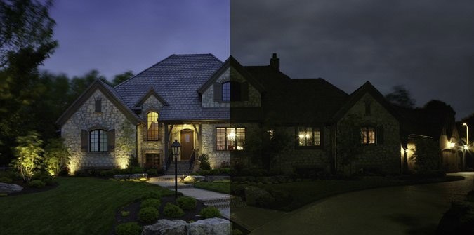 Exterior home split screen, half with LED and half with regular lights
