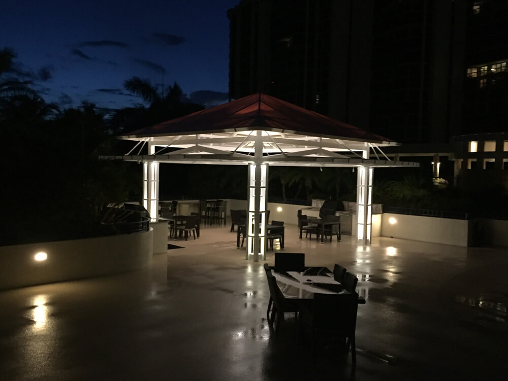 Wide angle shot of a pergola with outdoor lighting