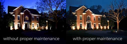 Before and after image of home with proper maintenance of outdoor lighting