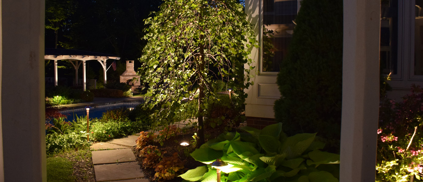 backyard, path, and landscape lighting of Apex home
