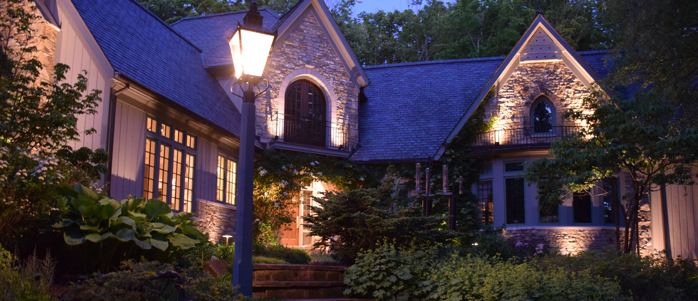 architectural lighting and front porch lighting on Apex home