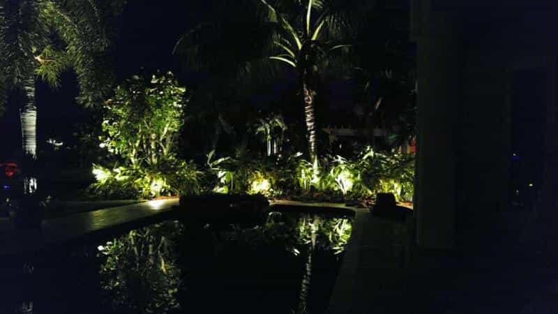 Yard with landscape lighting