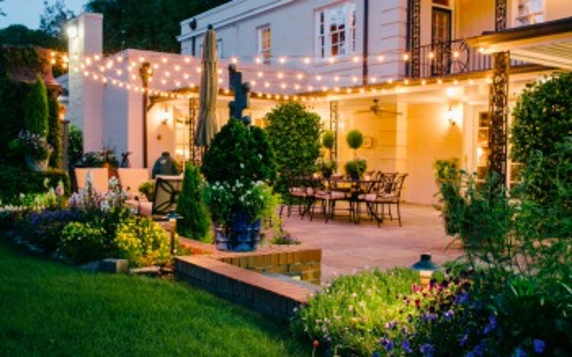 outdoor patio with string lighting