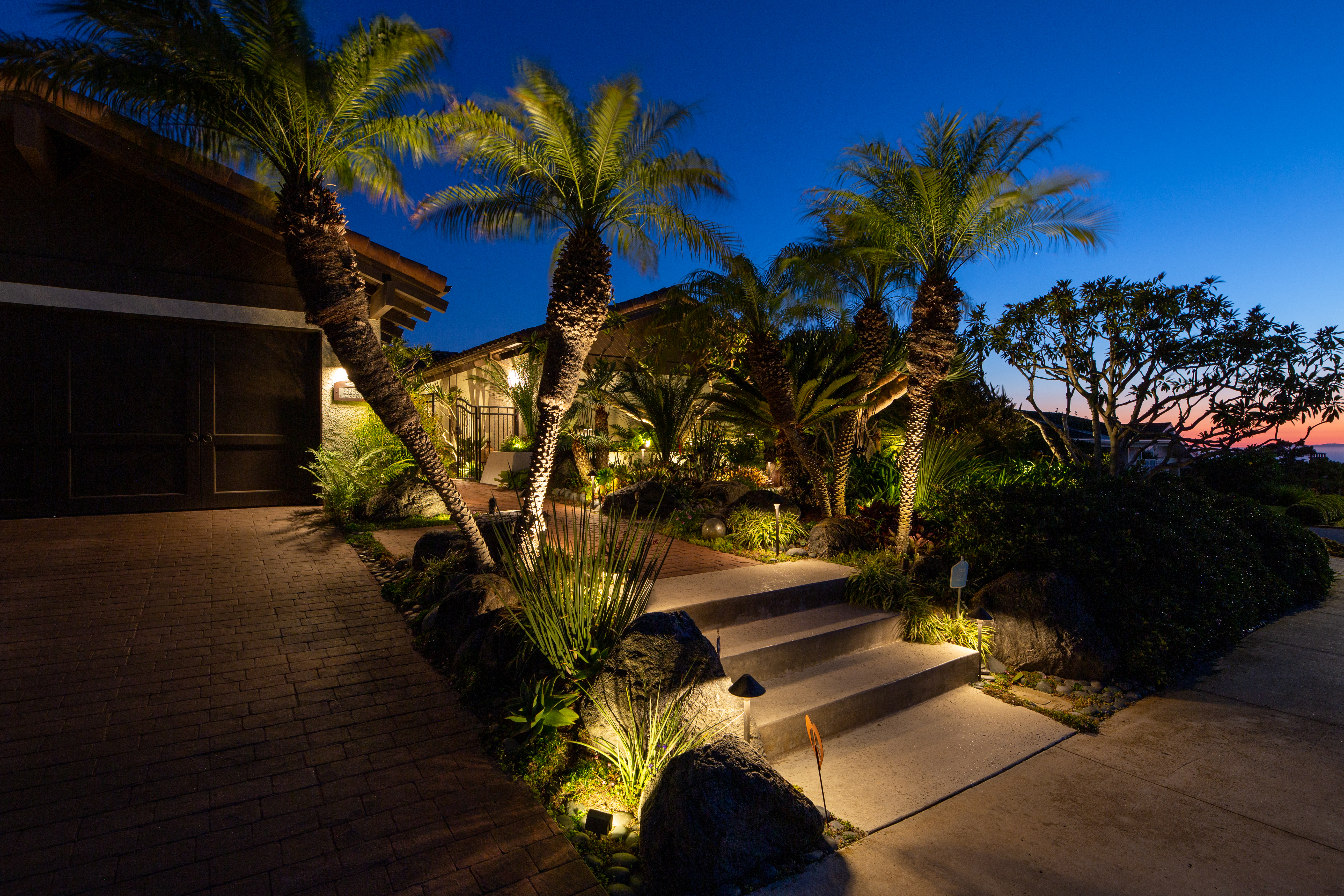 Walkway illuminated by pathway lights
