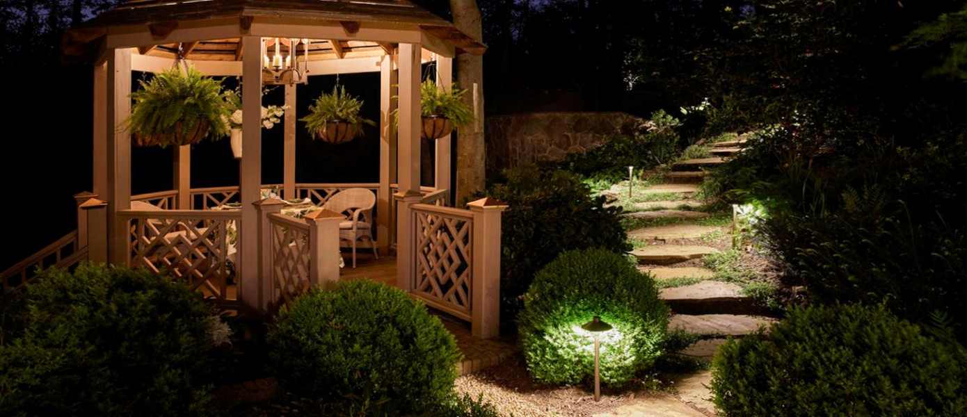 illuminated gazebo and pathway at night by outdoor lighting