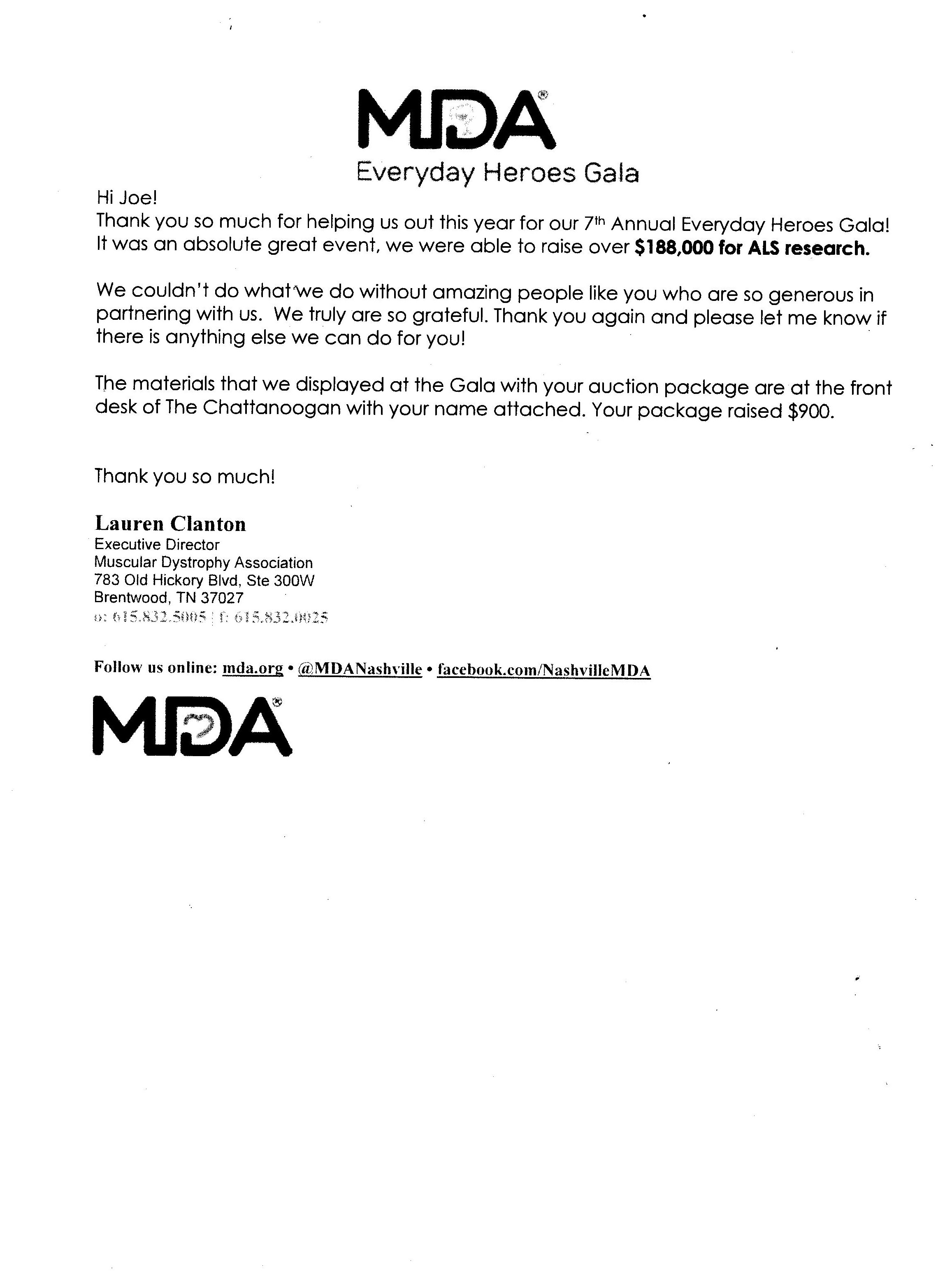 Muscular Dystrophy Association Contribution Letter