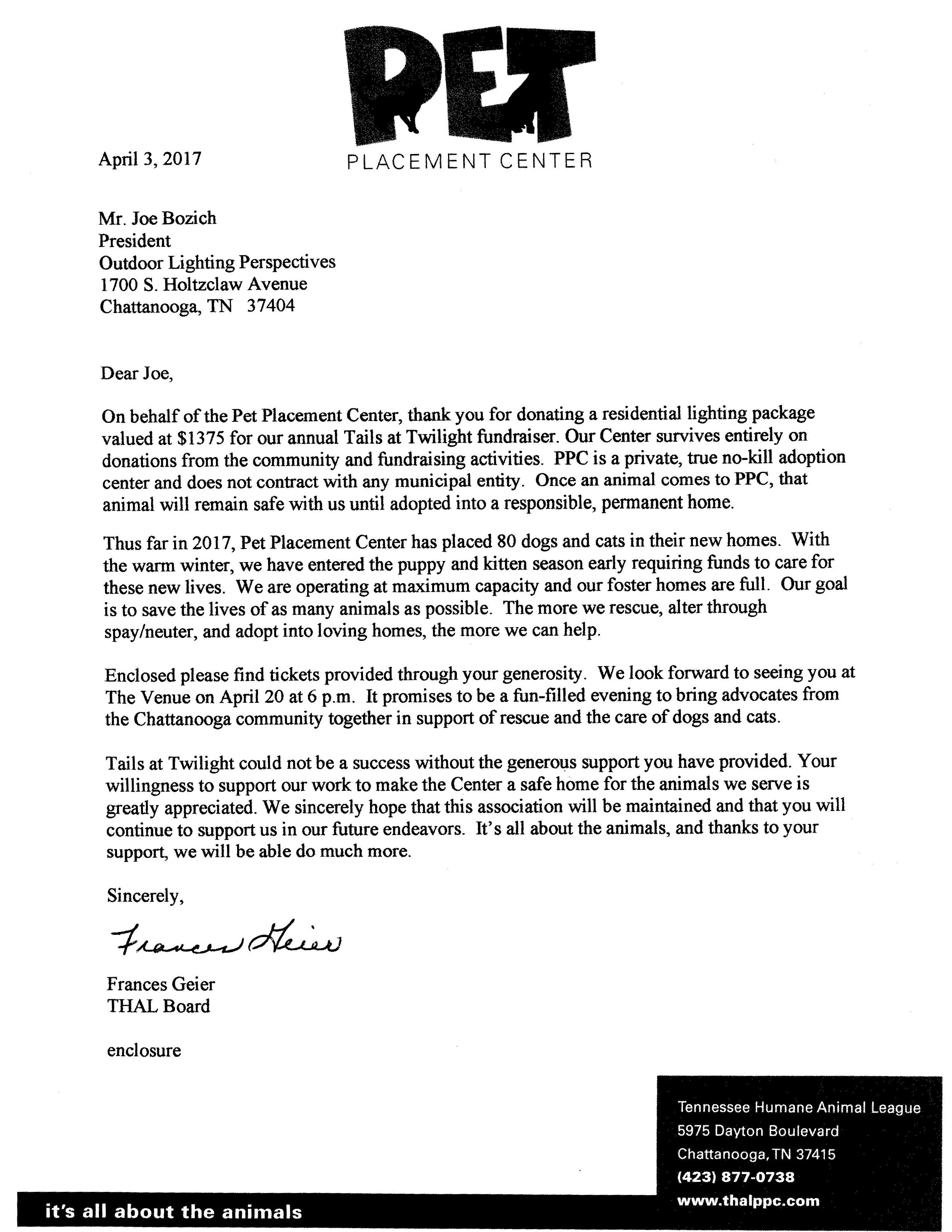 PET Placement Center Contribution Letter