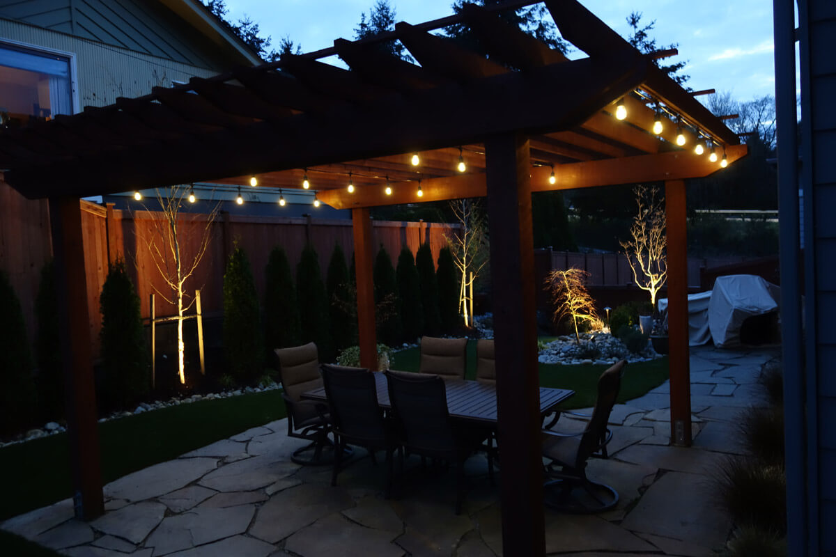 Outdoor patio with string lighting
