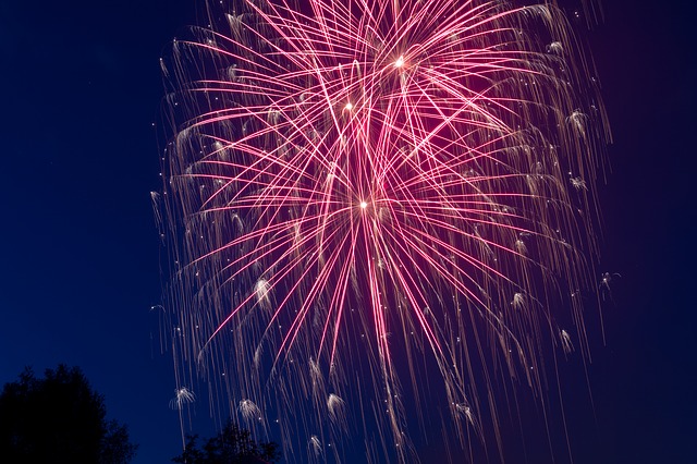 Pink fireworks in the sky