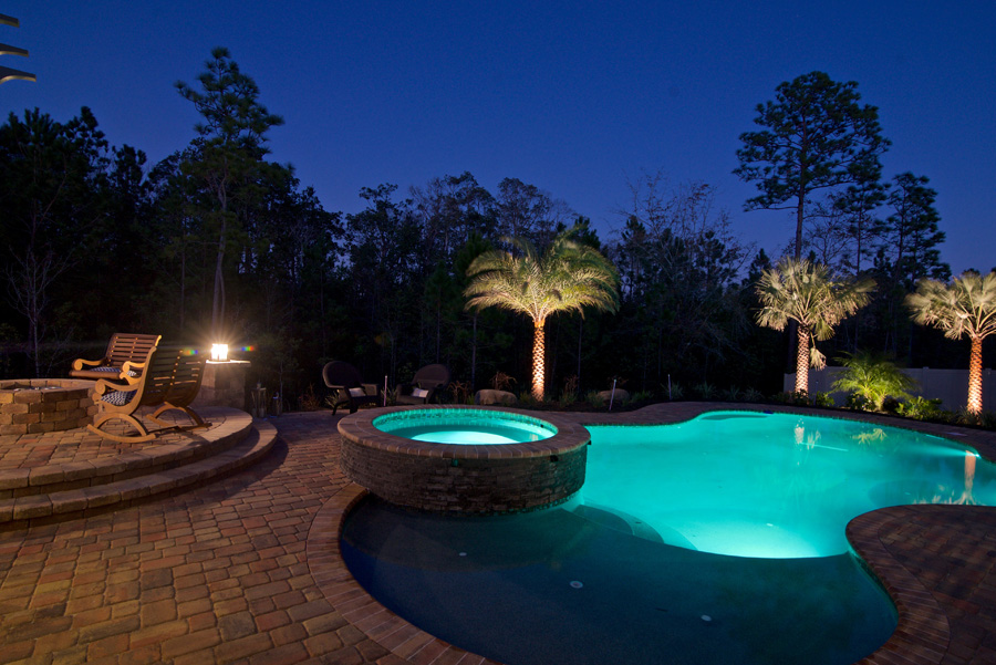 landscape and backyard lighting on pool and surrounding trees