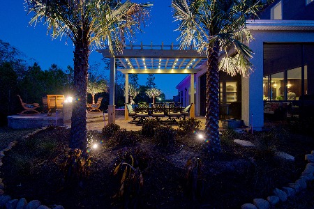 patio and plants showcased with outdoor lighting