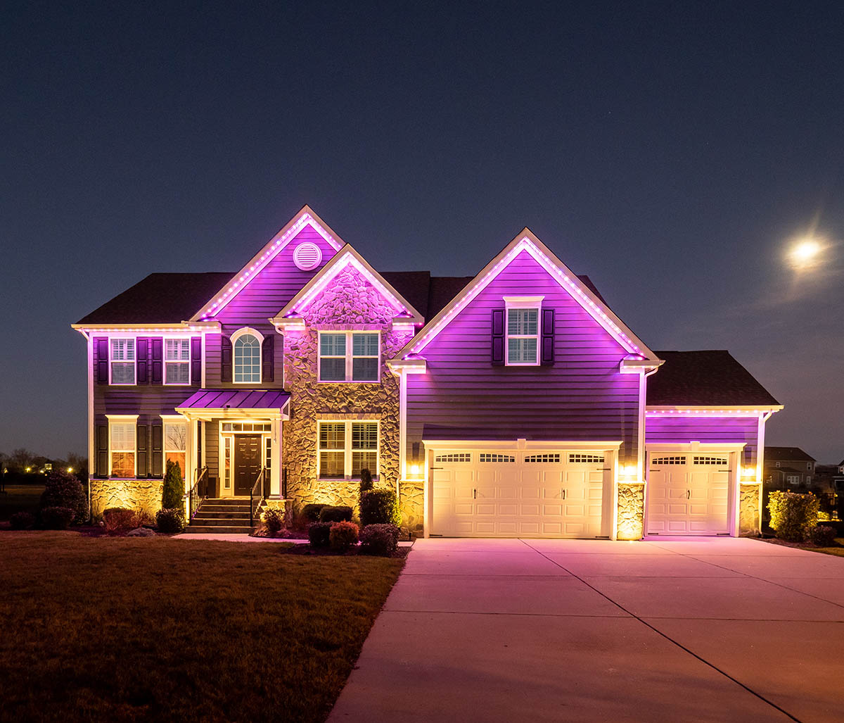 purple permanent roofline lights in virginia beach