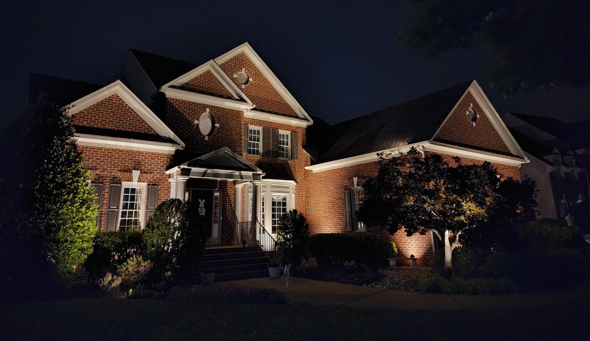 A house with a few trees at night