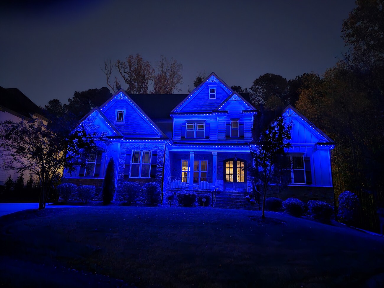blue roofline lighting