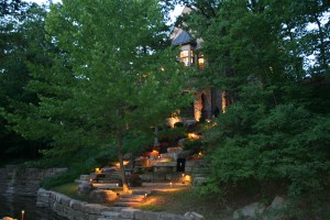 Outdoor pathway lit with lights