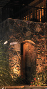 Stone opening lit up with lights