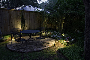 Lit up outdoor spaces with furniture