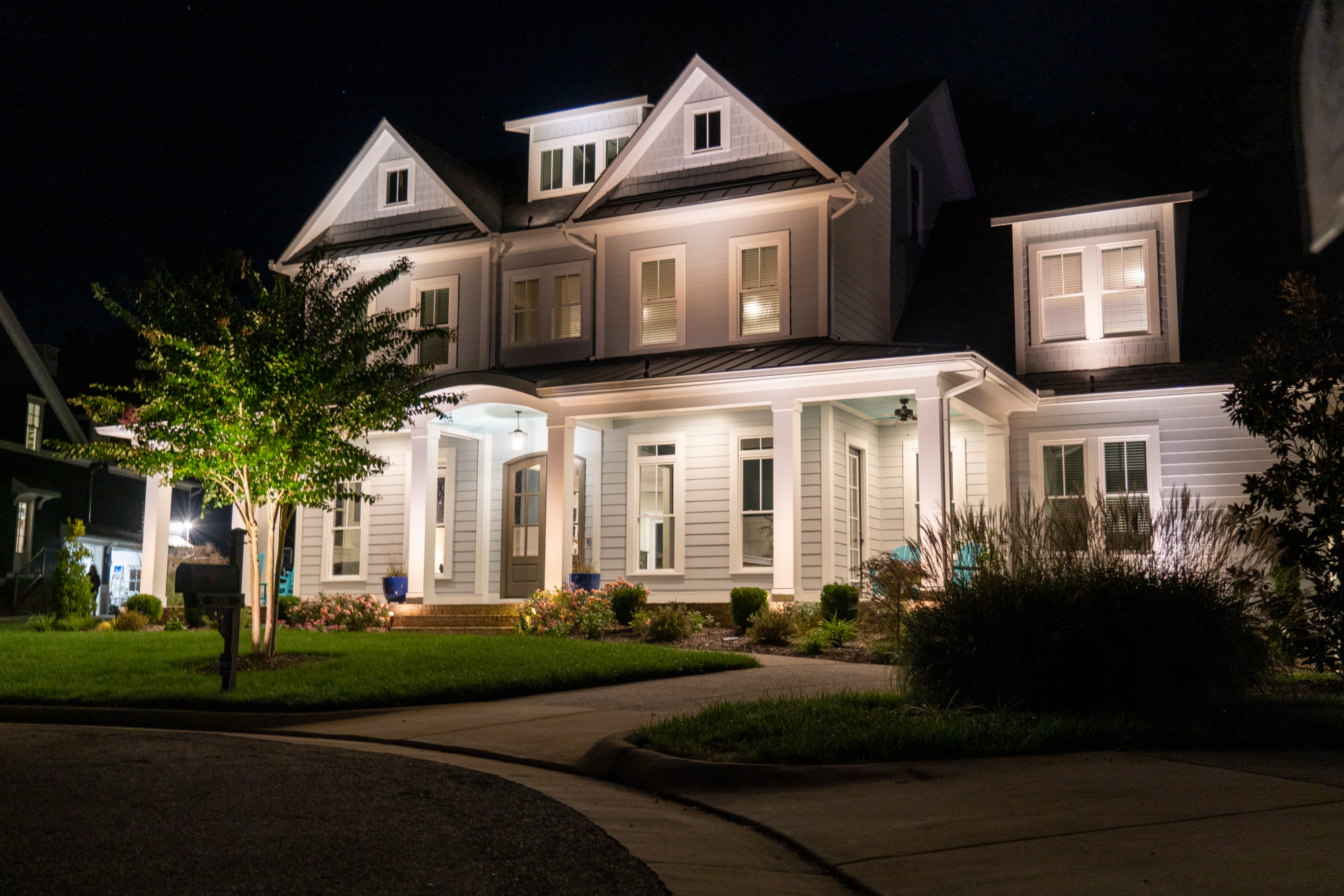 exterior of home lit up