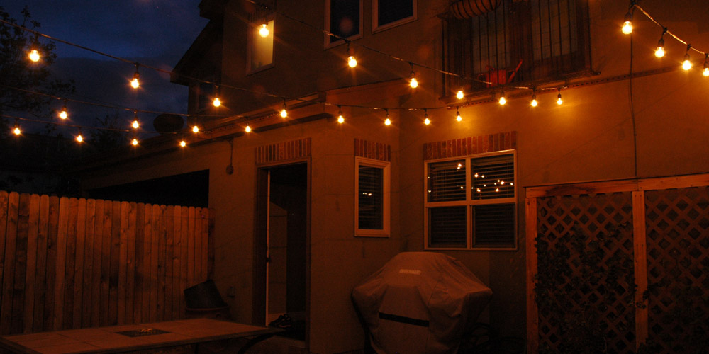 Residential outdoor area with string lighting