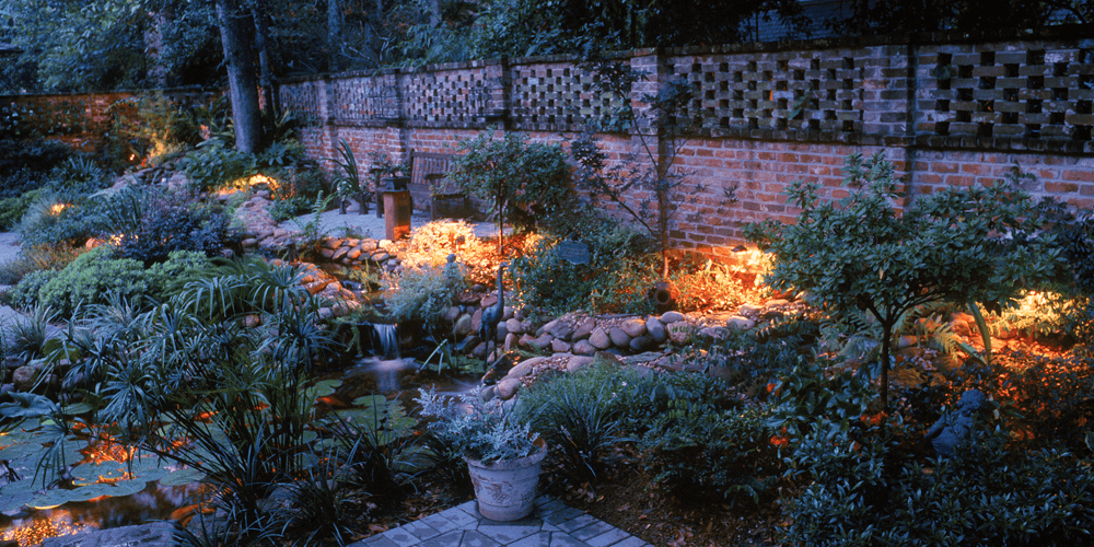 Courtyard with lots of plants and special landscape lighting