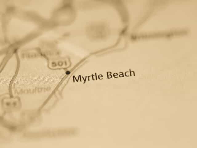 Image of a map with the city Myrtle Beach shown