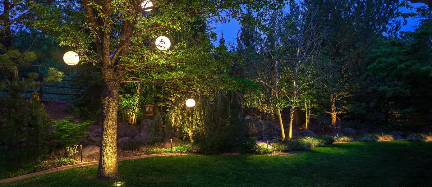 landscape lighting with tree globes
